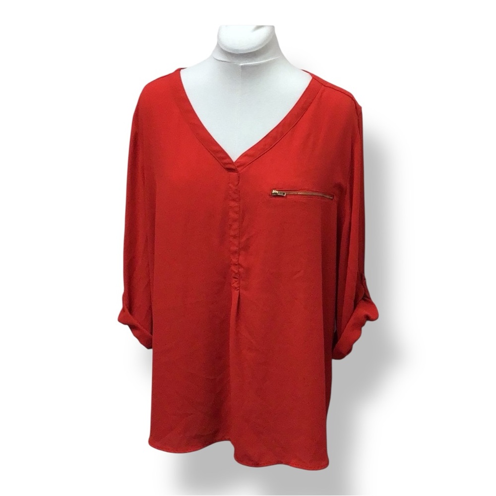 Roz & Ali Women’s Plus Size Long Roll-Tab Sleeve V Neck Blouse Vibrant Orange 3X